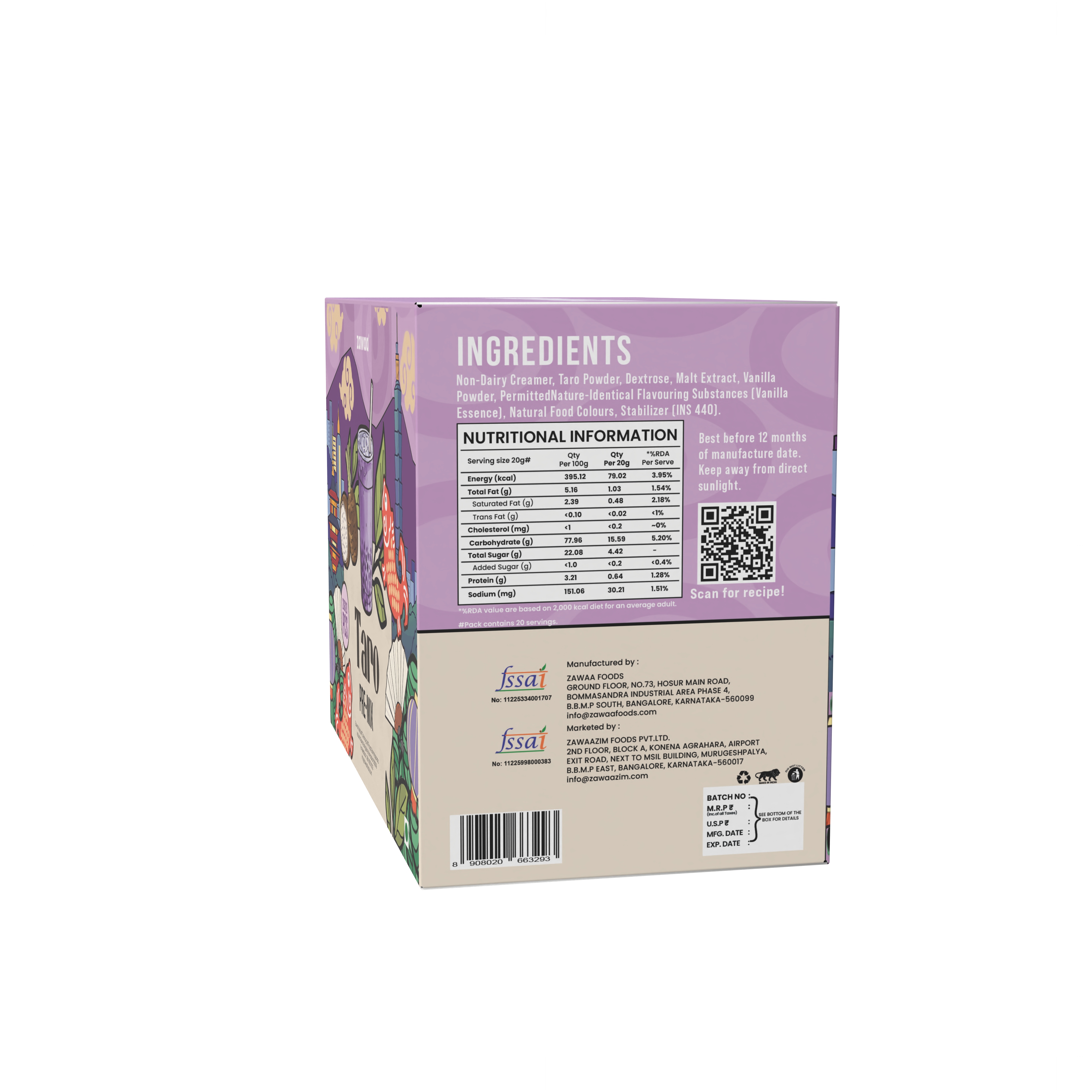 Zawaa Taro Pre-Mix bubble tea product box with creamy taro drink illustration