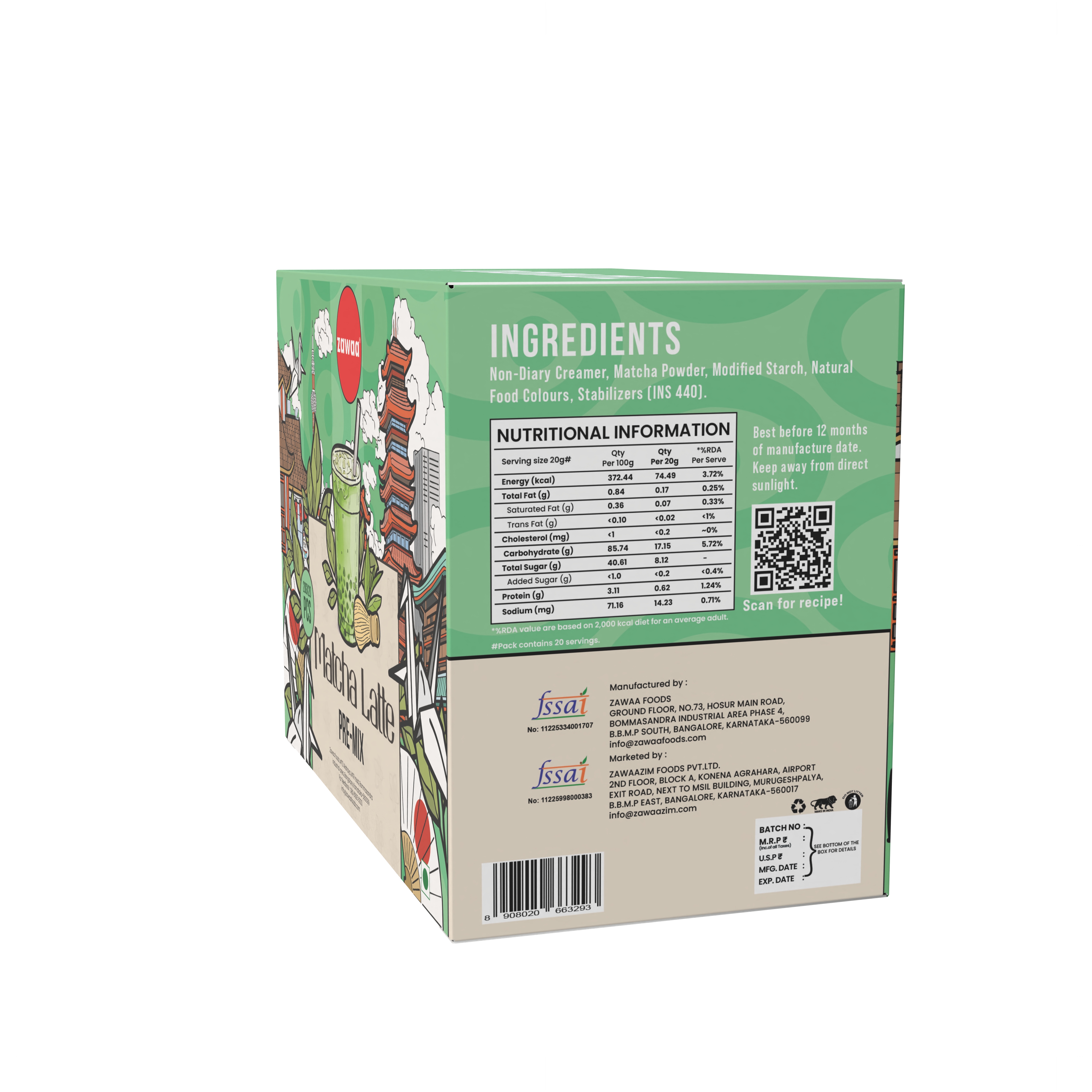 Zawaa Matcha Latte Pre-Mix product box with creamy green matcha drink illustration