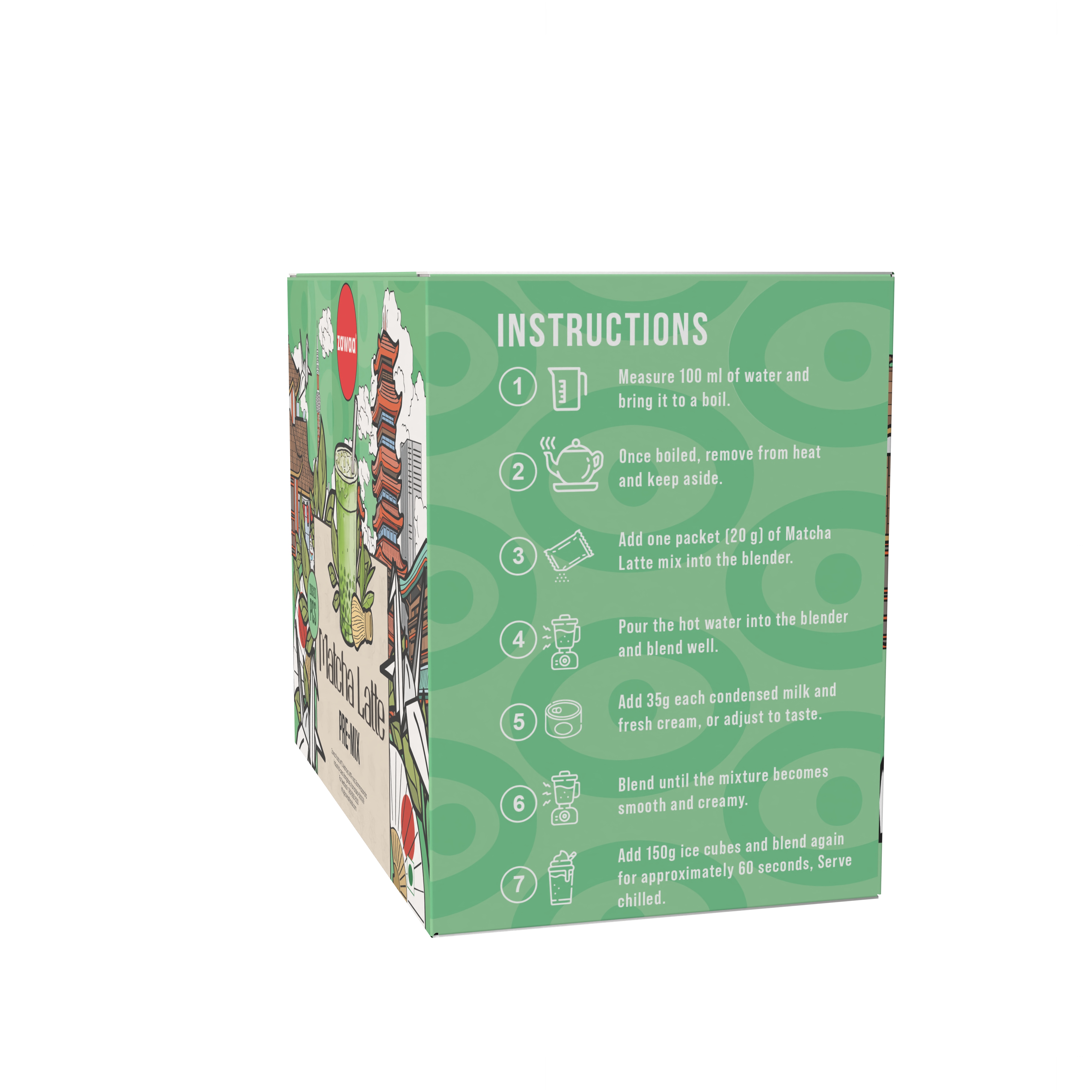 Zawaa Matcha Latte Pre-Mix product box with creamy green matcha drink illustration
