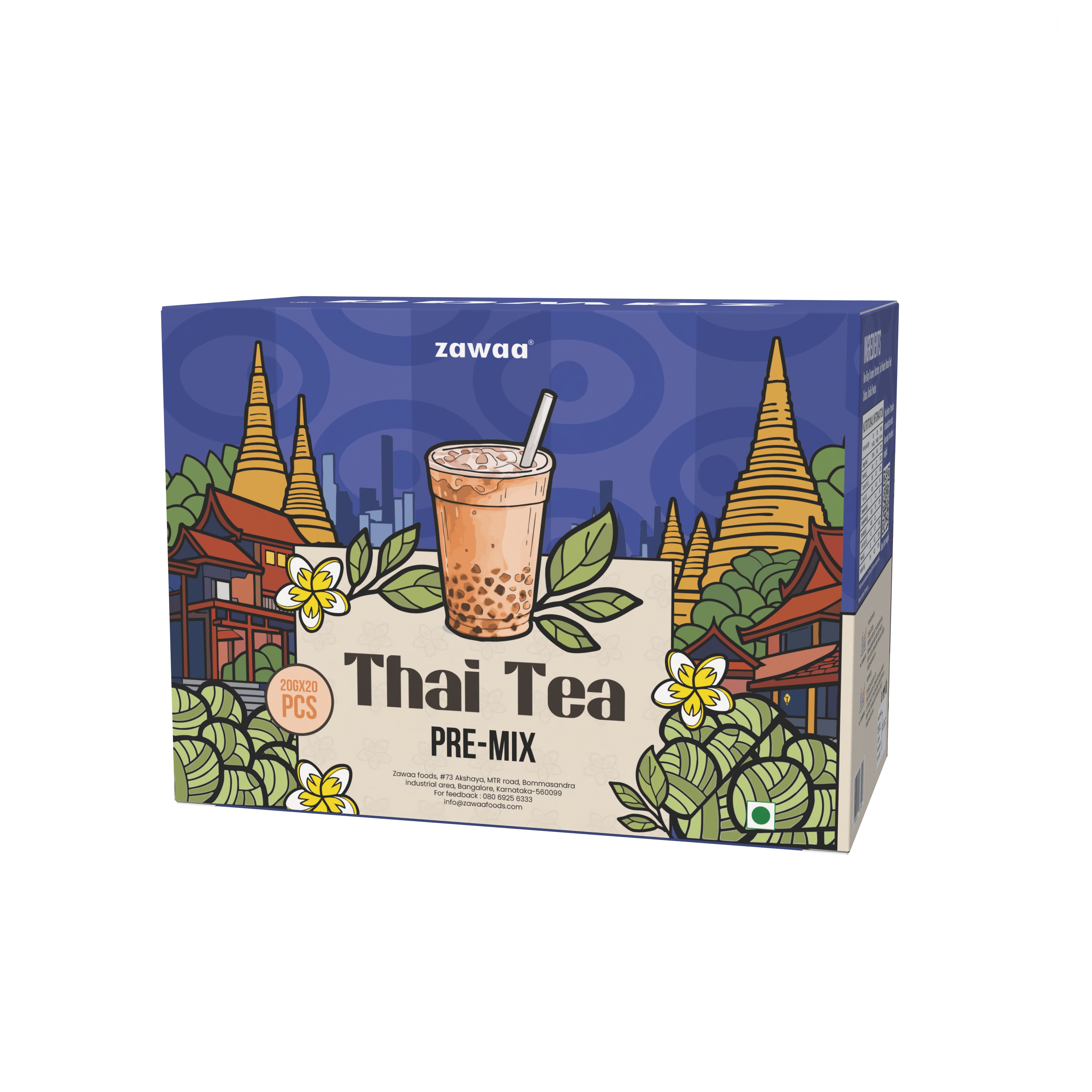 Zawaa Thai Tea Pre-Mix product box with creamy Thai tea illustration