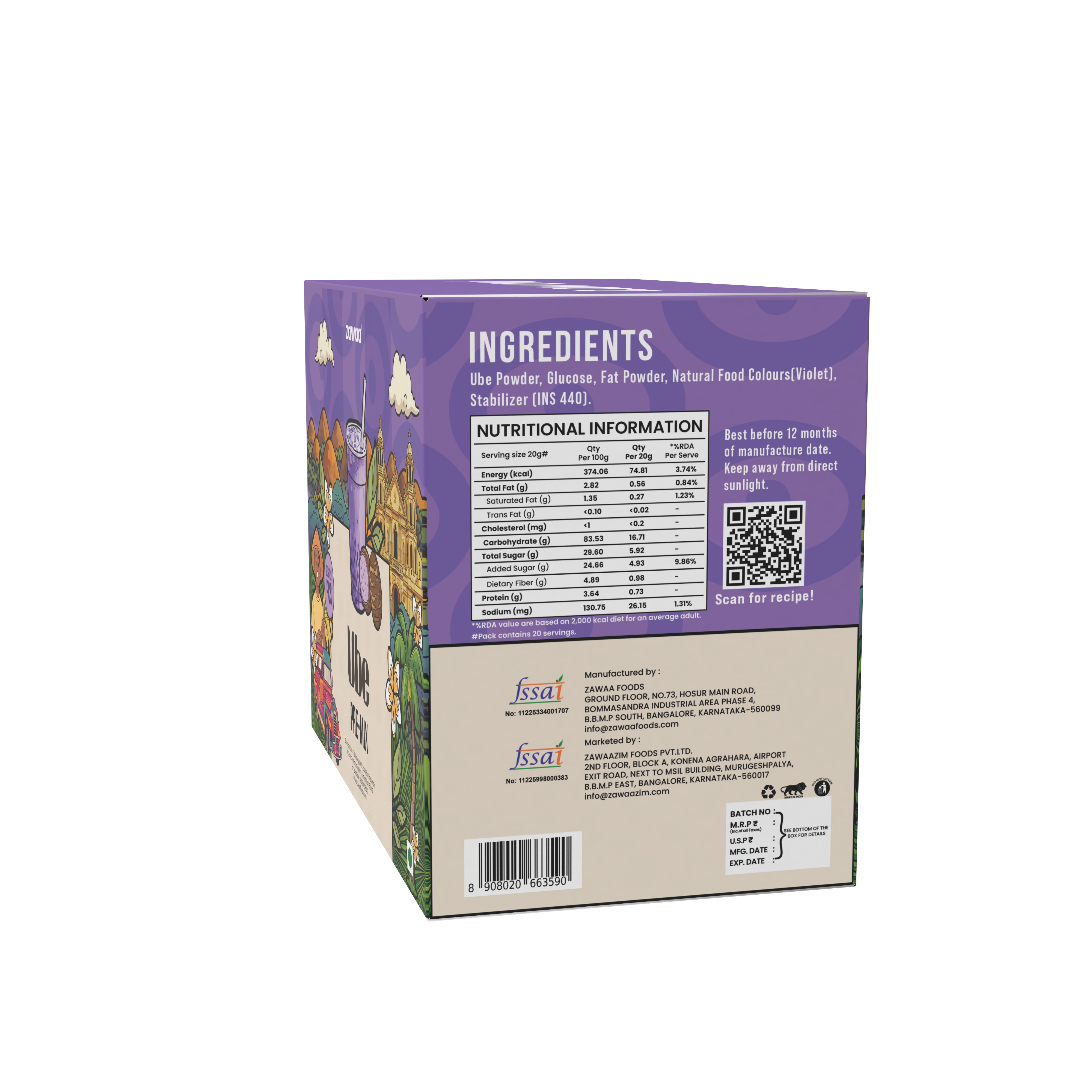 Zawaa Ube Pre-Mix product box with creamy purple ube drink illustration