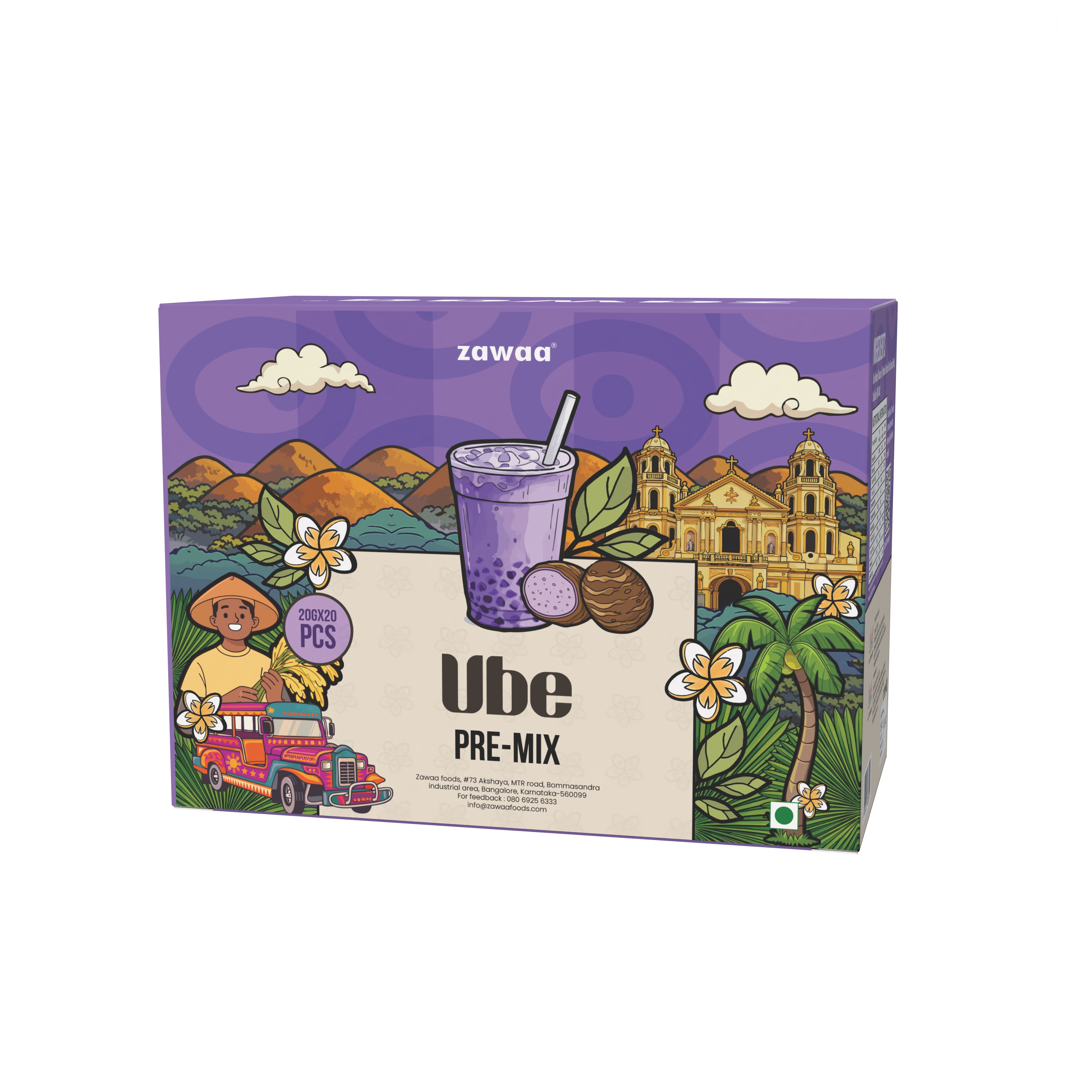 Zawaa Thai Tea Pre-Mix product box with creamy Thai tea illustration